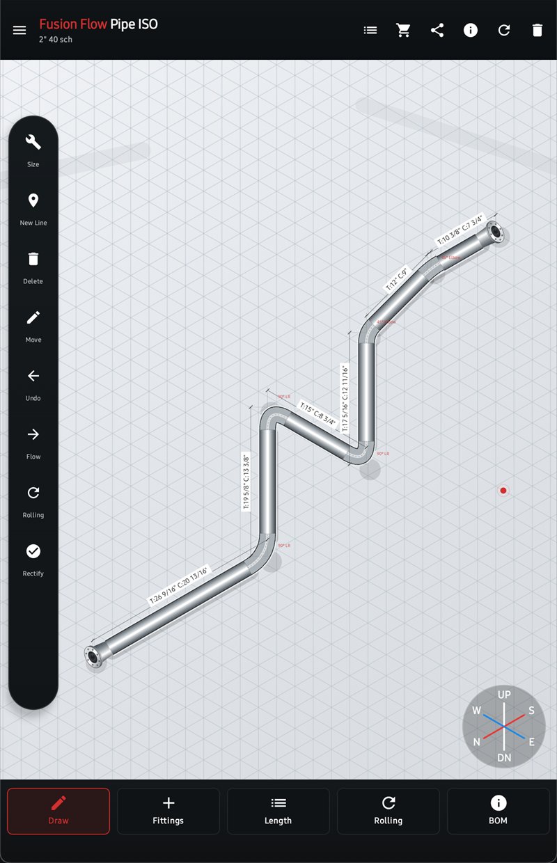 Fusion Flow Pipe ISO on a tablet: an isometric 2-inch spool with flanges and 90° and 45° elbows, with the travel (T) and cut (C) on every line