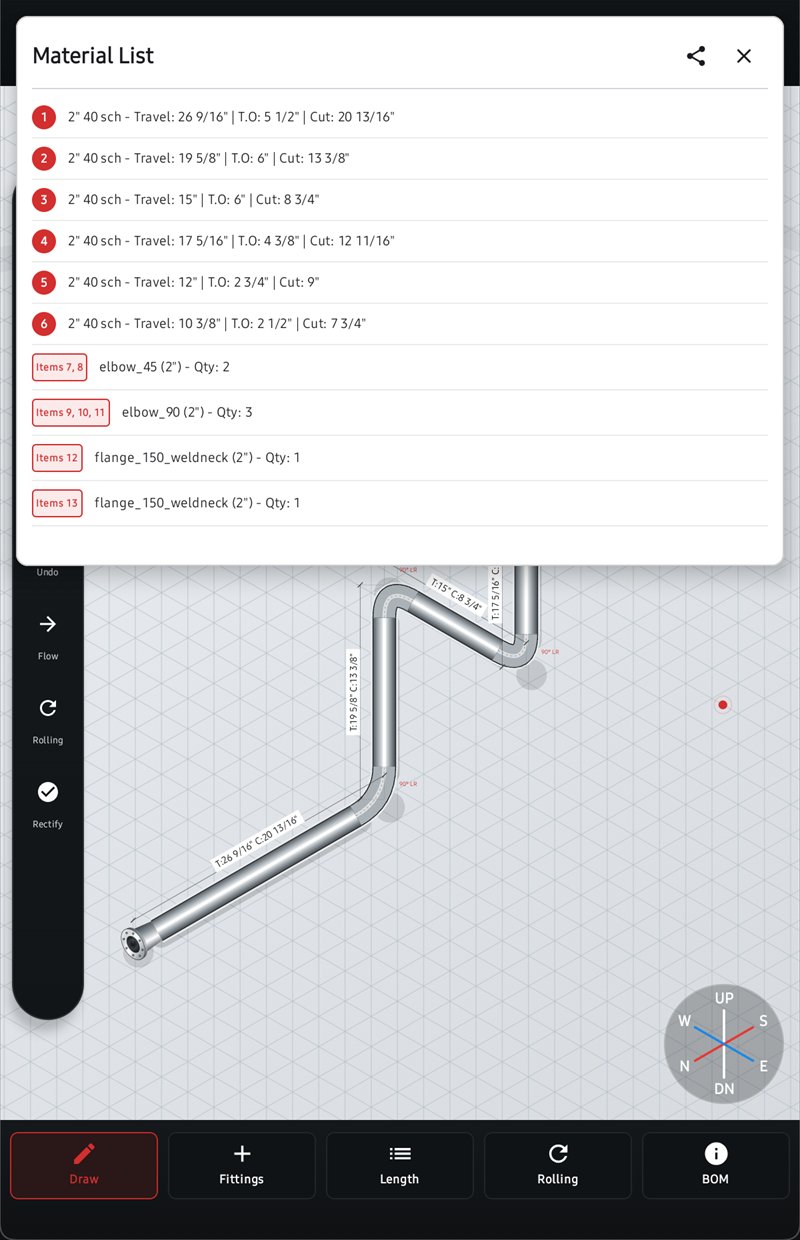 Pipe ISO material list: each line with its travel, take-out and cut, then the fittings with their quantities